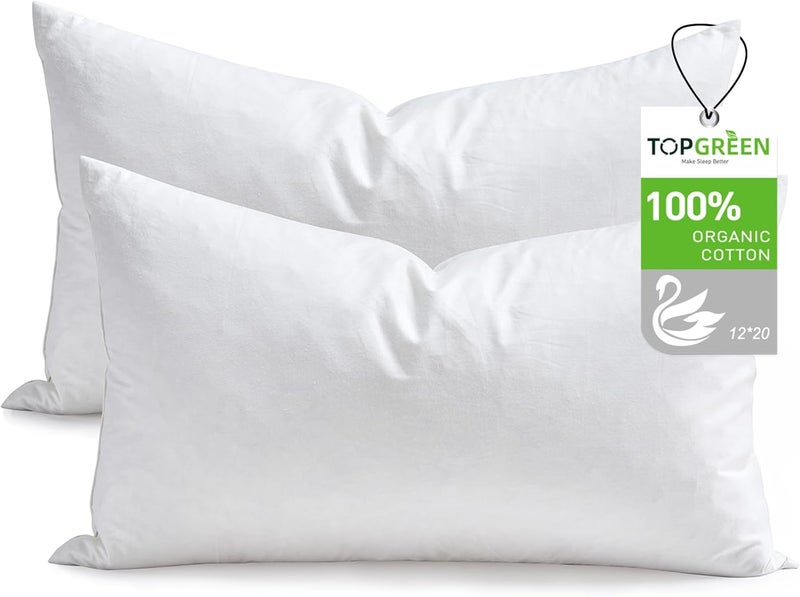 TOPGREEN وسائد ريش أسفل 12x20، مجموعة من 2، غلاف قطن عضوي 100%، وسادة زخرفية ناعمة للظهر لغرفة المعيشة، الأريكة، أو السرير (أبيض) - Image 1